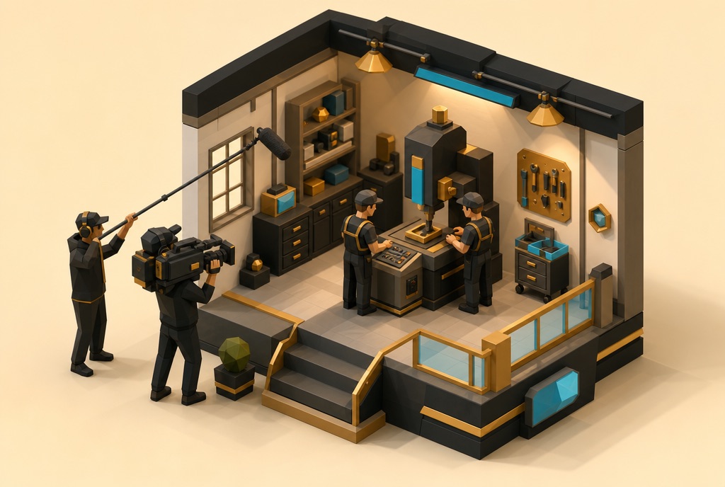 Miniatur-Kamerateam dreht in einer Werkhalle