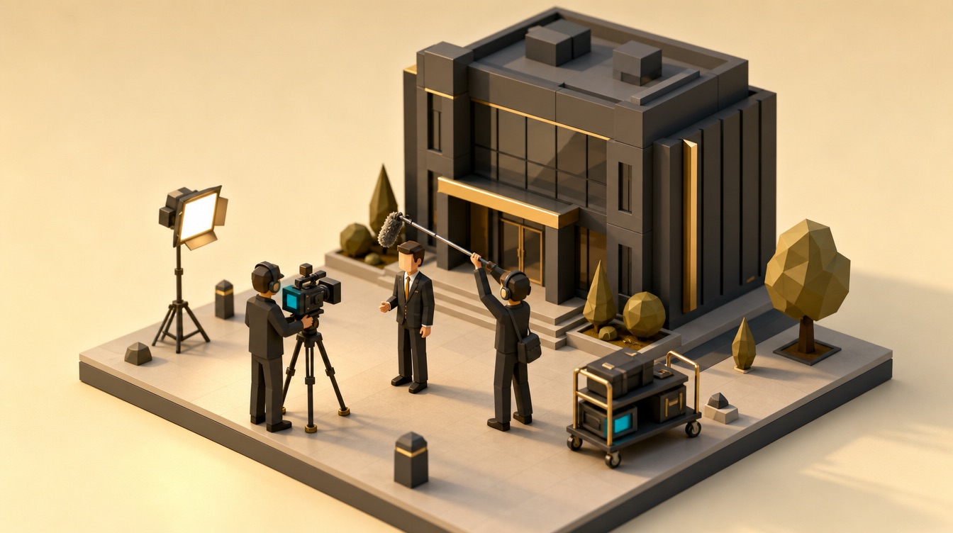 Miniatur-Kamerateam mit Ton beim Interview vor einem Bürogebäude