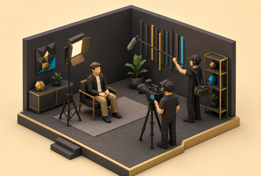 Miniatur-Interviewsituation mit Kamera, Ton und Licht