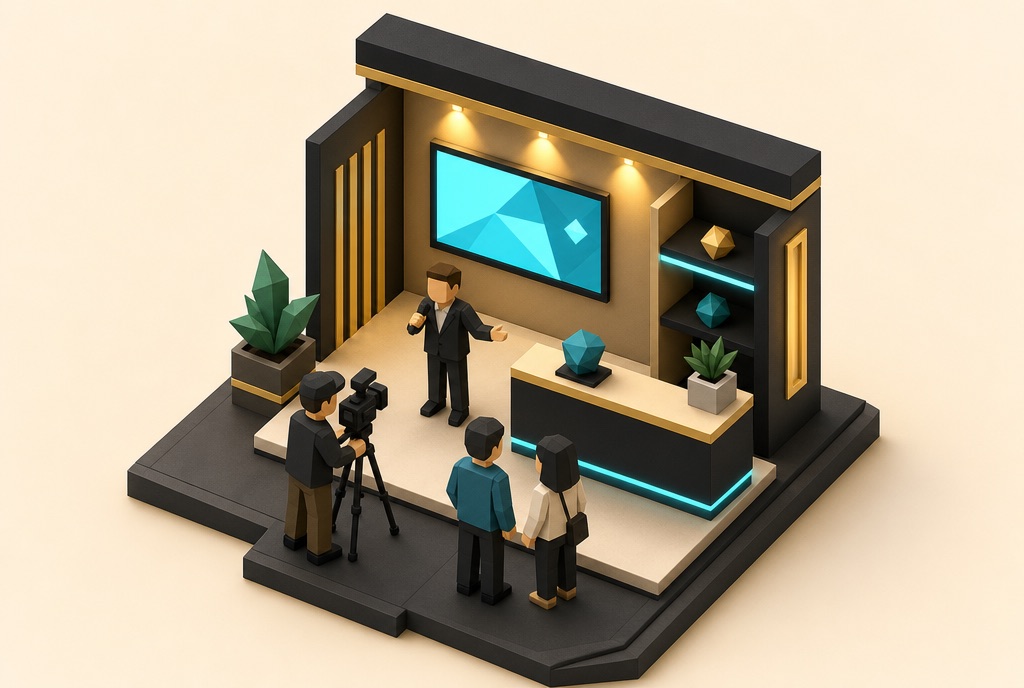 Miniatur-Messestand mit Kamerateam und Moderatorin