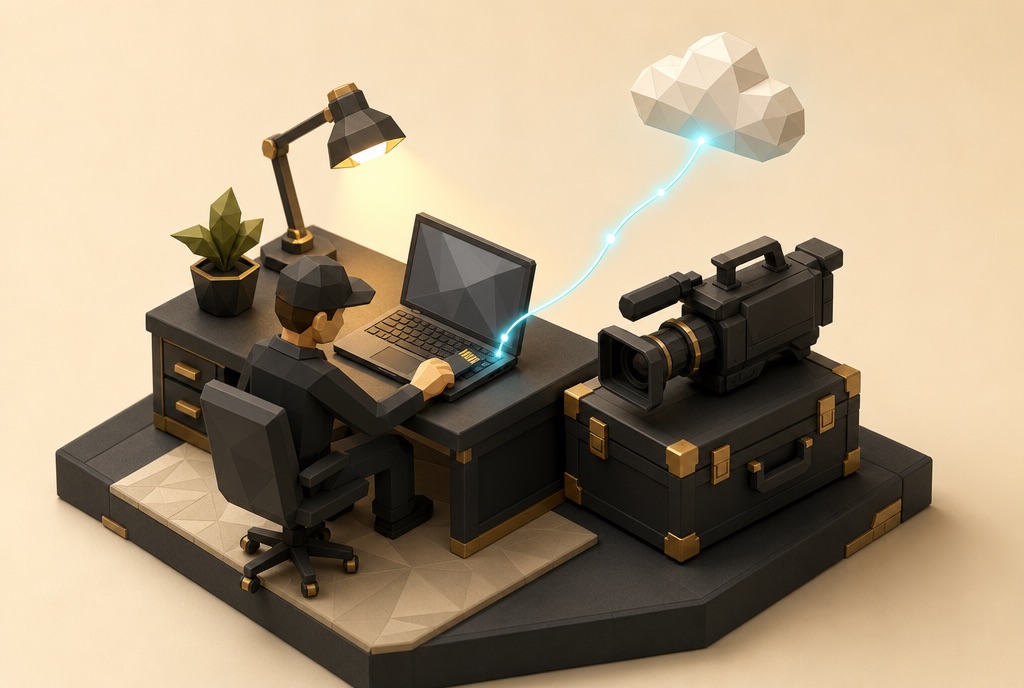 Miniatur-Schreibtisch mit Laptop und Materialübergabe in die Cloud