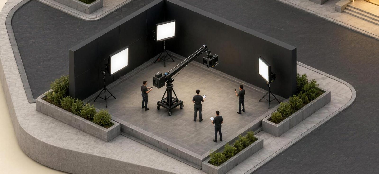 Filmset mit Kamerakran und vierköpfigem Team