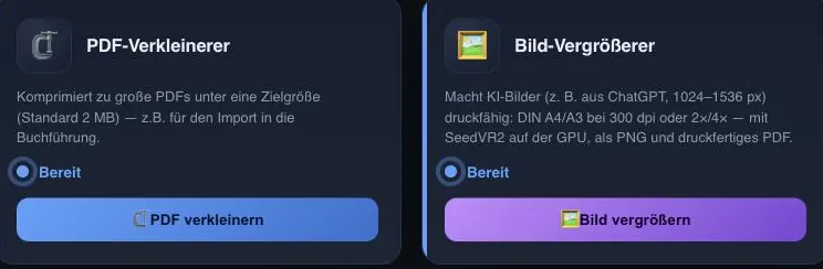 Zwei Karten aus unserem Cockpit: PDF-Verkleinerer und Bild-Vergrößerer