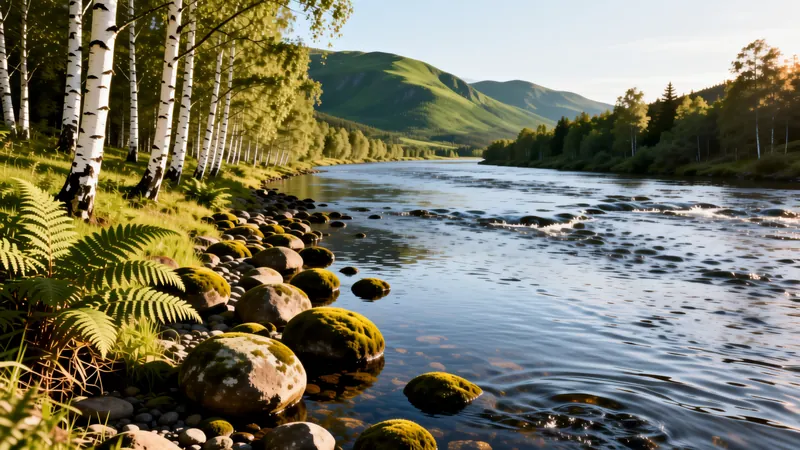 Mit KI erzeugter Fluss in einem Birkental