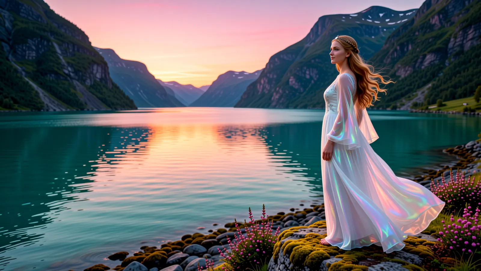 Mit KI erzeugte Figur an einem Fjord