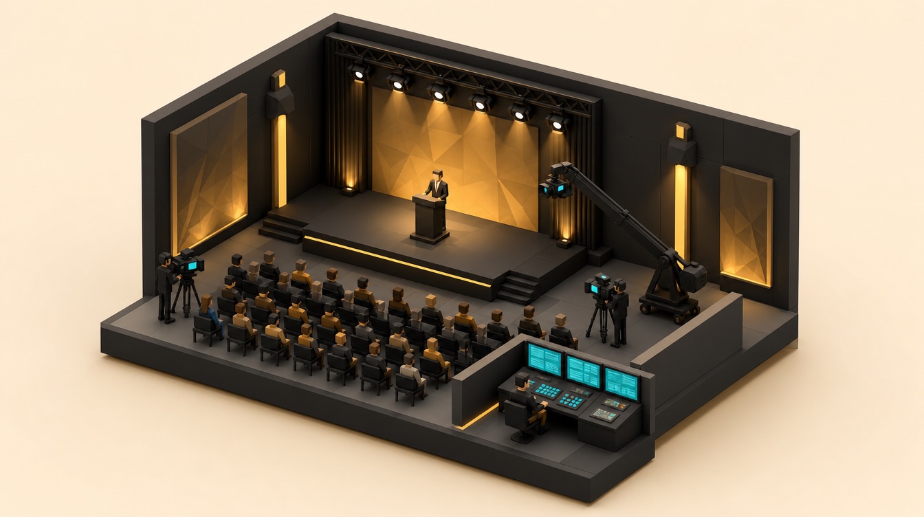 Miniatur-Veranstaltungssaal mit Bühne, Kameras und Regieplatz