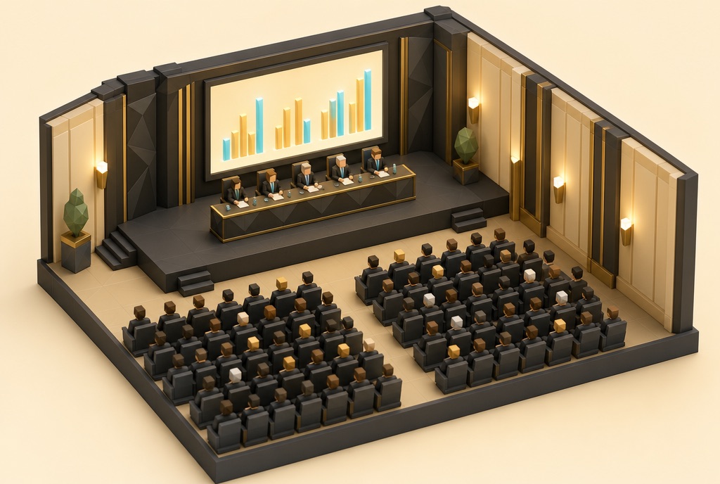 Miniatur-Saal einer Hauptversammlung mit Präsidium und Kamera