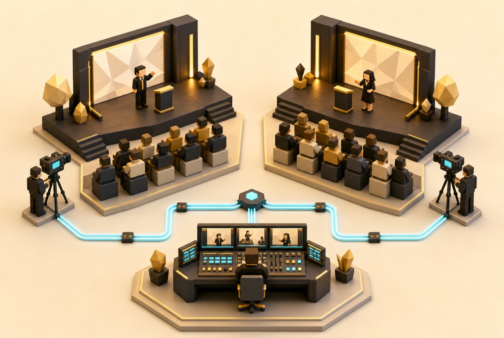 Miniatur-Konferenz mit zwei Bühnen und zentraler Regie