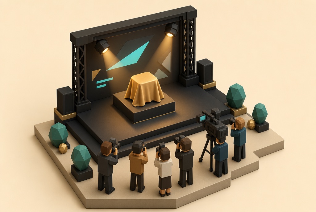 Miniatur-Bühne einer Produktvorstellung mit Pressevertretern